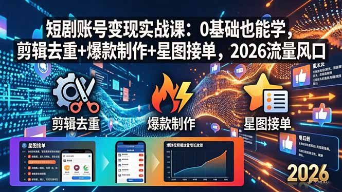 
          短剧账号变现实战课：0基础也能学，剪辑去重+爆款制作+星图接单，2026流量风口 - Featured image
        