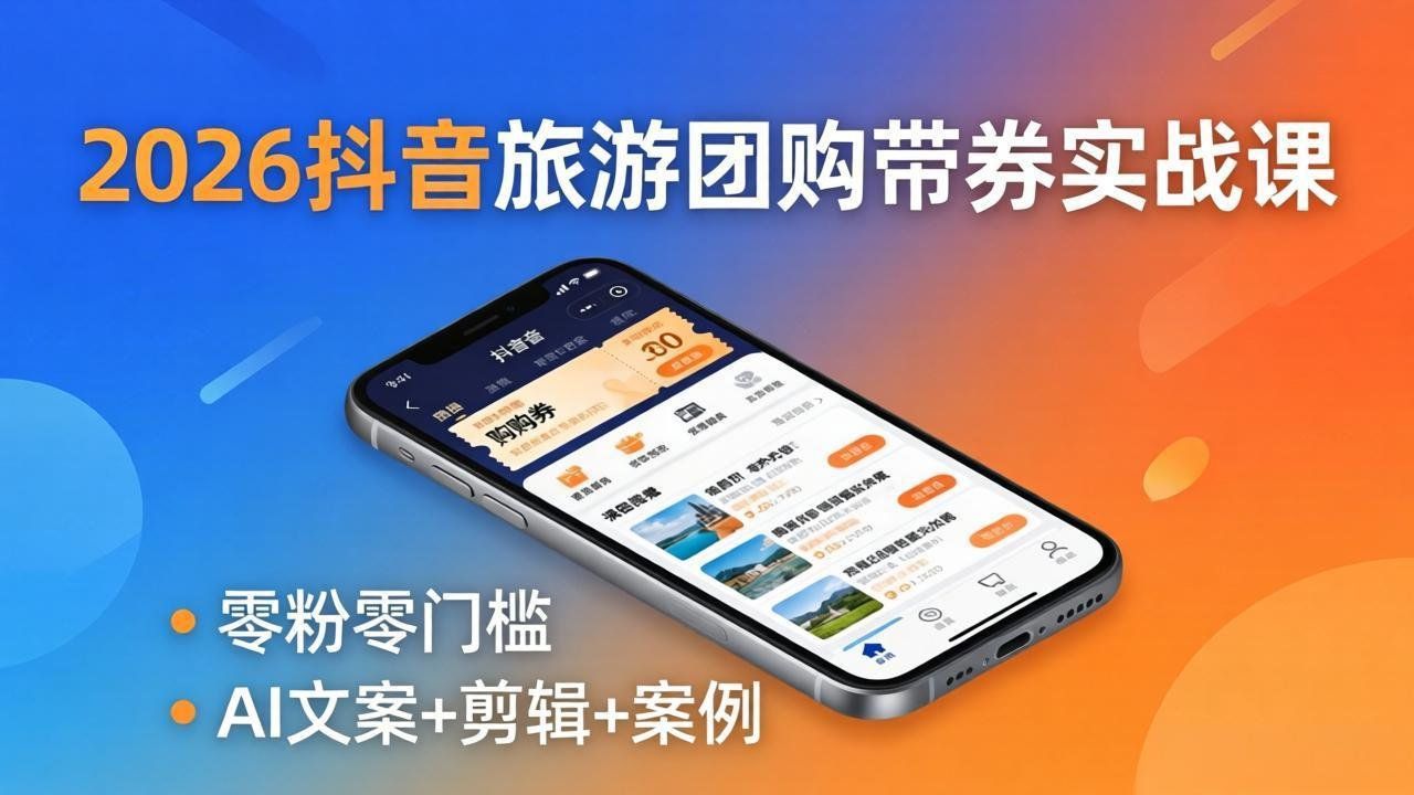 
          2026抖音旅游团购带券实战课：零粉零门槛，AI文案+剪辑+案例，躺着赚门票佣金 - Featured image
        