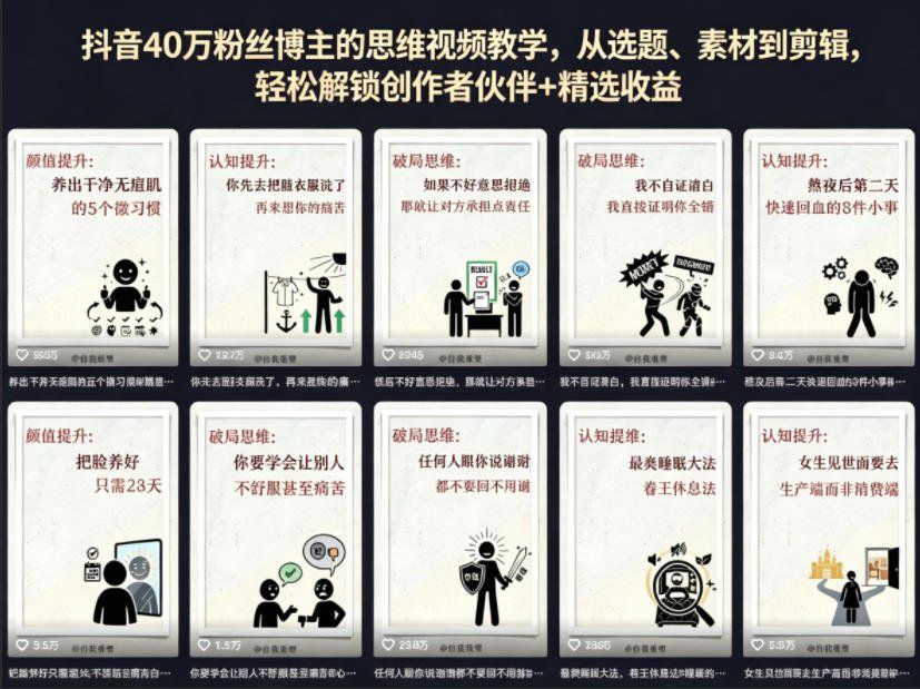 
          抖音40W粉丝博主的思维视频教学，从选题、素材到剪辑，轻松解锁创作者伙伴+精选收益 - Featured image
        
