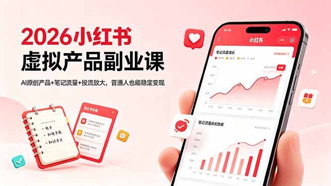 
          2026小红书虚拟产品副业课，AI原创产品+笔记流量+投流放大，普通人也能稳定变现 - Featured image
        