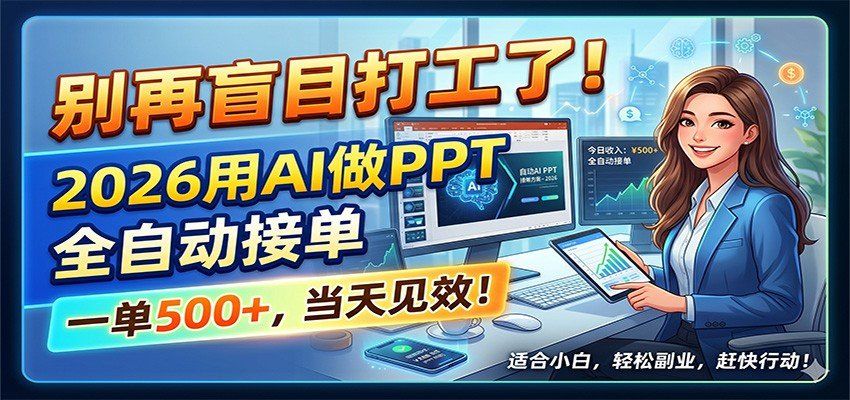 
          别再盲目打工了！2026用AI做PPT全自动接单，一单5张+，当天见效！ - Featured image
        