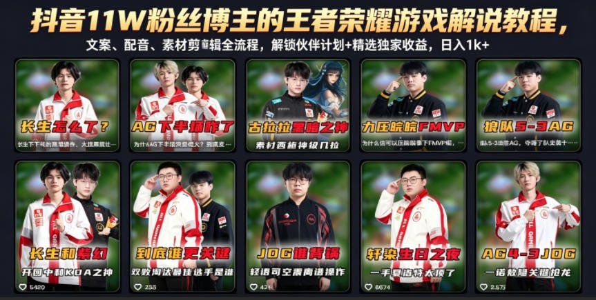 
          抖音11W粉丝博主的王者荣耀游戏解说教程，文案、配音、素材剪辑全流程，解锁伙伴计划+精选独家收益，日入1k+ - Featured image
        