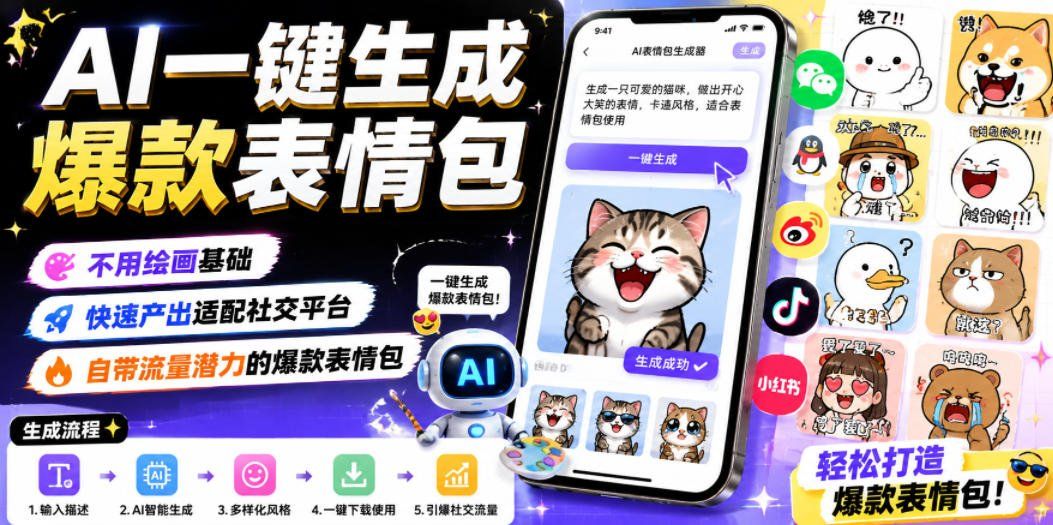 
          AI一键生成爆款表情包，不用绘画基础，快速产出适配社交平台，自带流量潜力的爆款表情包 - Featured image
        